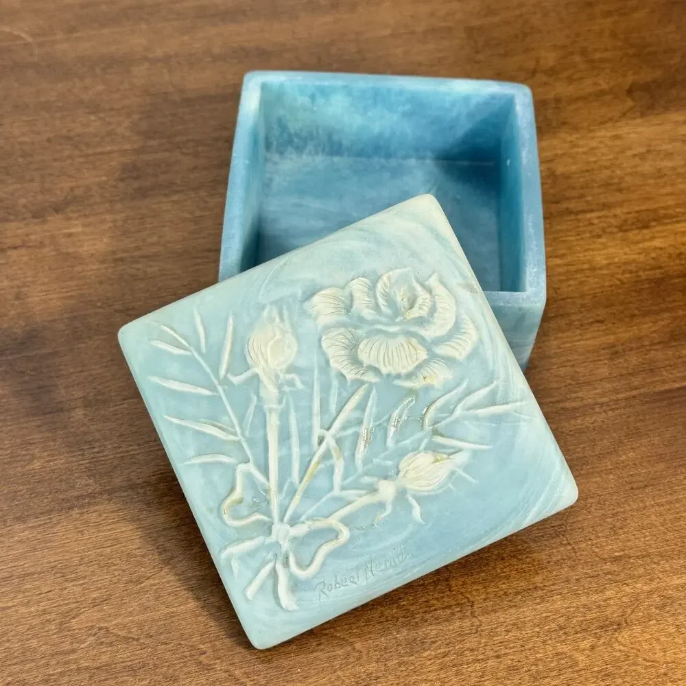 Vintage Robert Nerrin Design Gifts Intern'l Inc. Blue Floral Trinket Box USA